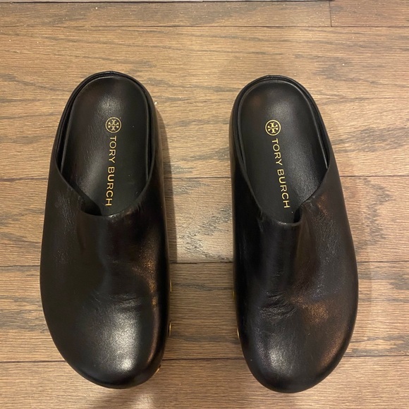 Tory Burch Black Leather Mules with Gold Accents - Picture 2 of 3